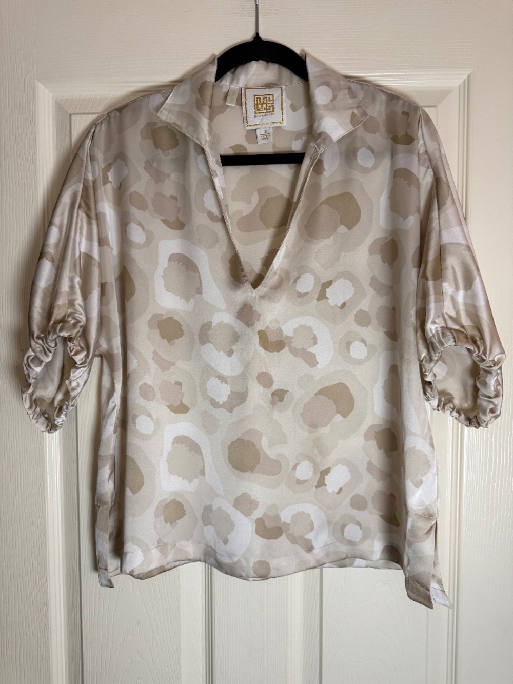 Emily McCarthy Poppy Top Neutral Leopard Satin Blouse Size S